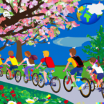 A group of pupils ride bicycles and behind them the world blossoms.