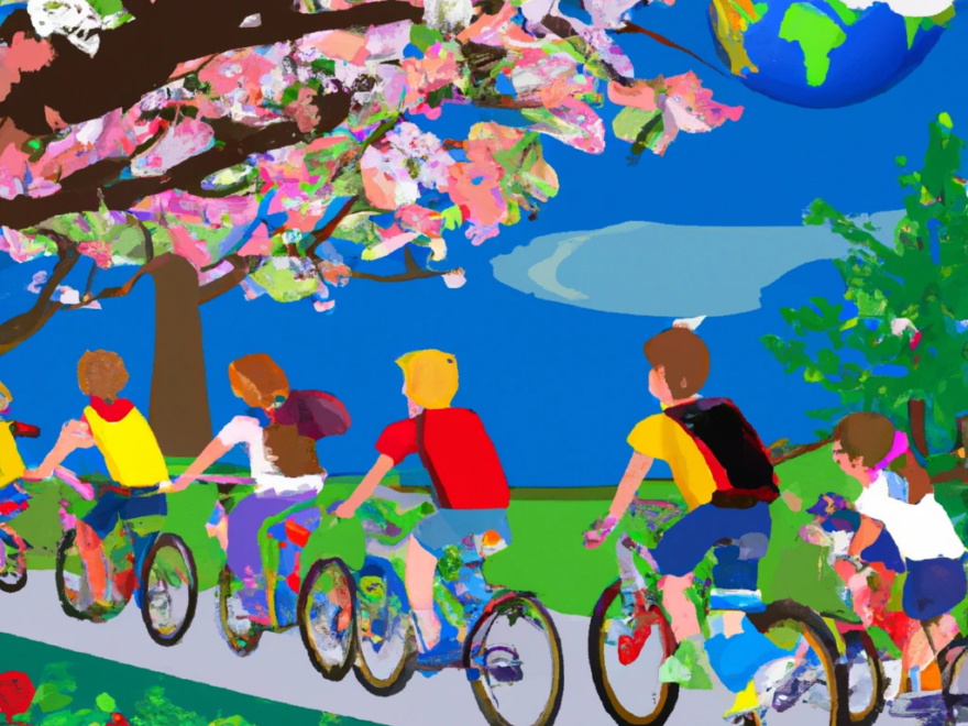 A group of pupils ride bicycles and behind them the world blossoms.